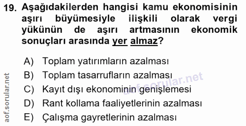 19. soru: Aşağıdakilerden hangisi kamu ekonomisinin aşırı büyümesiyle ilişkili olarak vergi yükünün de aşırı artmasının ekonomi…