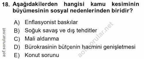 18. soru: Aşağıdakilerden hangisi kamu kesiminin büyümesinin sosyal nedenlerinden biridir? A) Enflasyonist baskilar B) Soğuk sa…