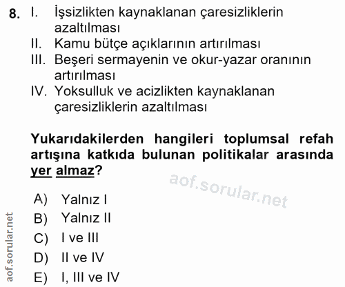 8. soru: I. İşsizlikten kaynaklanan çaresizliklerin azaltılması II. Kamu bütçe açıklarının artırılması III. Beşeri sermayenin…