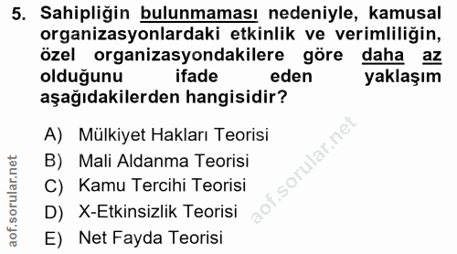 5. soru: Sahipliğin bulunmaması nedeniyle, kamusal organizasyonlardaki etkinlik ve verimliliğin, özel organizasyondakilere gör…