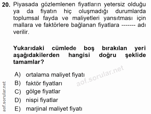 20. soru: Piyasada gözlemlenen fiyatların yetersiz olduğu ya da fiyatın hiç oluşmadığı durumlarda toplumsal fayda ve maliyetler…