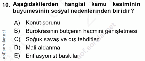 10. soru: Aşağıdakilerden hangisi kamu kesiminin büyümesinin sosyal nedenlerinden biridir? A) Konut sorunu B) Bürokrasinin bütç…