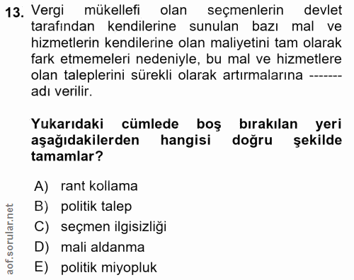 13. soru: Vergi mükellefi olan seçmenlerin devlet tarafindan kendilerine sunulan bazı mal ve hizmetlerin kendilerine olan maliy…