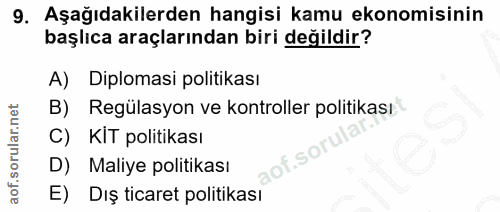 9. soru: Aşağıdakilerden hangisi kamu ekonomisinin başlıca araçlarından biri değildir? A) Diplomasi politikası B) Regülasyon v…