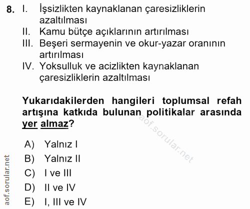 8. soru: I. İşsizlikten kaynaklanan çaresizliklerin azaltılması II. Kamu bütçe açıklarının artırılması IlI. Beşeri sermayenin…
