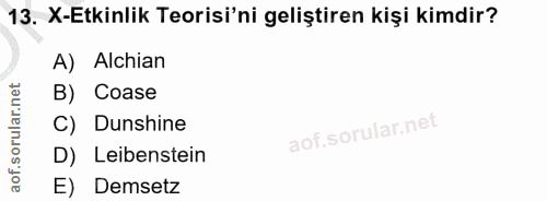 13. soru: X-Etkinlik Teorisi'ni geliştiren kişi kimdir? A) Alchian B) Coase C) Dunshine D) Leibenstein E) Demsetz