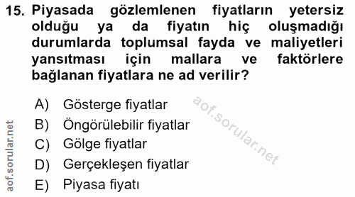 15. soru: Piyasada gözlemlenen fiyatların yetersiz olduğu ya da fiyatın hiç oluşmadığı durumlarda toplumsal fayda ve maliyetler…