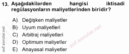 13. soru: Aşağıdakilerden hangisi iktisadi regülasyonların maliyetlerinden biridir? A) Değişken maliyetler B) Uyum maliyetleri…