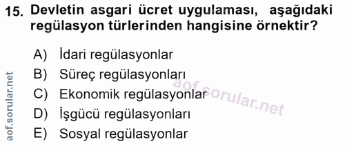 15. soru: Devletin asgari ücret uygulaması, aşağıdaki regülasyon türlerinden hangisine örnektir? A) Idari regülasyonlar c) Ekon…