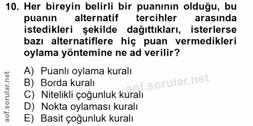10. soru: Her bireyin belirli bir puanının olduğu, bu puanin alternatif tercihler arasında istedikleri şekilde dağıttıkları, is…