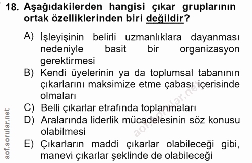 18. soru: Aşağıdakilerden hangisi çıkar gruplarının ortak özelliklerinden biri değildir? A) İşleyişinin belirli uzmanlıklara da…