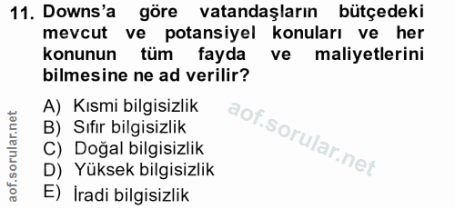 11. soru: Downs'a göre vatandaşların bütçedeki mevcut ve potansiyel konuları ve her konunun tüm fayda ve maliyetlerini bilmesin…