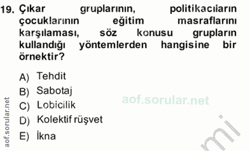 19. soru: Çıkar gruplarının, politikacıların çocuklarının eğitim masraflarinı karşılaması, söz konusu grupların kullandığı yönt…