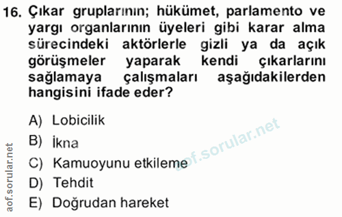 16. soru: Çıkar gruplarının; hükümet, parlamento ve yargı organlarının üyeleri gibi karar alma sürecindeki aktörlerle gizli ya…