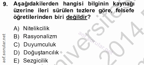 9. soru: Aşağıdakilerden hangisi bilginin kaynağı üzerine ileri sürülen tezlere göre, felsefe öğretilerinden biri değildir? A)…