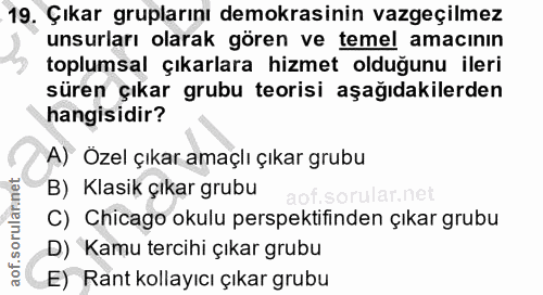 19. soru: Çıkar gruplarını demokrasinin vazgeçilmez unsurları olarak gören ve temel amacının toplumsal çıkarlara hizmet olduğun…