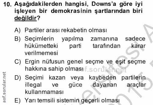 10. soru: Aşağıdakilerden hangisi, Downs'a göre iyi işleyen bir demokrasinin şartlarından biri değildir? A) Partiler arası reka…
