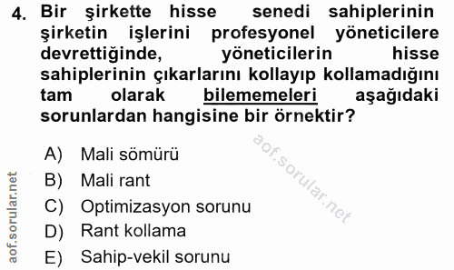 4. soru: Bir şirkette hisse senedi sahiplerinin şirketin işlerini profesyonel yöneticilere devrettiğinde, yöneticilerin hisse…