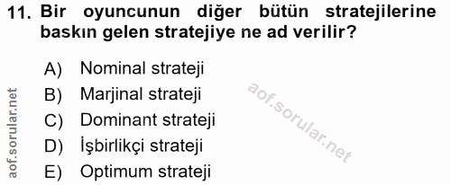 11. soru: Bir oyuncunun diğer bütün stratejilerine baskın gelen stratejiye ne ad verilir? A) Nominal strateji B) Marjinal strat…