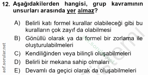 12. soru: Aşağıdakilerden hangisi, grup kavramının unsurları arasında yer almaz? A) Belirli katı formel kurallar olabileceği gi…