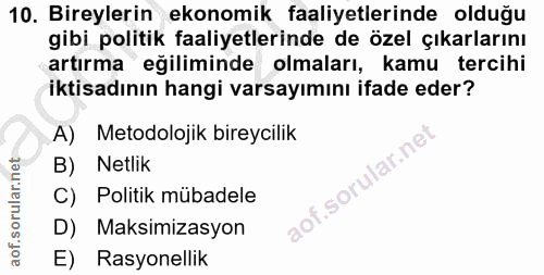 10. soru: Bireylerin ekonomik faaliyetlerinde olduğu gibi politik faaliyetlerinde de özel çıkarlarını artırma eğiliminde olmala…