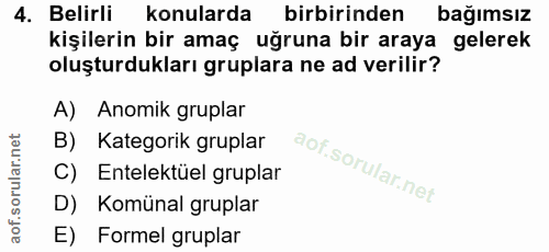 4. soru: Belirli konularda birbirinden bağımsız kişilerin bir amaç uğruna bir araya gelerek oluşturdukları gruplara ne ad veri…