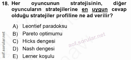 18. soru: Her oyuncunun stratejisinin, diğer oyuncuların stratejilerine en uygun cevap olduğu stratejiler profiline ne ad veril…