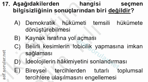 17. soru: Aşağıdakilerden hangisi seçmen bilgisizliğinin sonuçlarından biri değildir? A) Demokratik hükümeti temsili hükümete d…