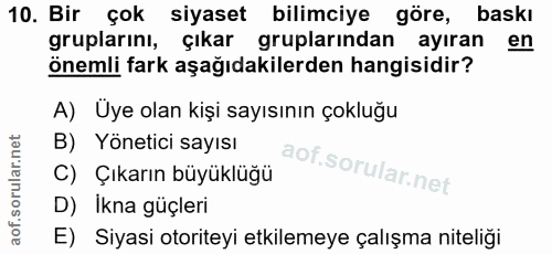 10. soru: Bir çok siyaset bilimciye göre, baskı gruplarını, çıkar gruplarından ayıran en önemli fark aşağıdakilerden hangisidir…