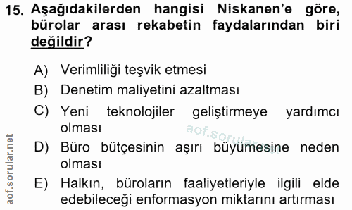 15. soru: Aşağıdakilerden hangisi Niskanen'e göre, bürolar arası rekabetin faydalarından biri değildir? A) Verimliliği teşvik e…