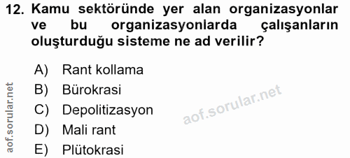 12. soru: Kamu sektöründe yer alan organizasyonlar ve bu organizasyonlarda çalışanların oluşturduğu sisteme ne ad verilir? A) R…