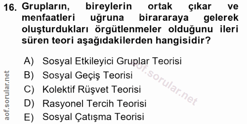 16. soru: Grupların, bireylerin ortak Çıkar ve menfaatleri uğruna birararaya gelerek oluşturdukları örgütlenmeler olduğunu iler…