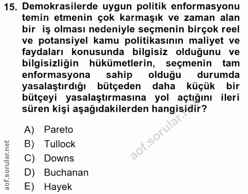 15. soru: Demokrasilerde uygun politik enformasyonu temin etmenin çok karmaşık ve zaman alan bir iş olması nedeniyle seçmenin b…