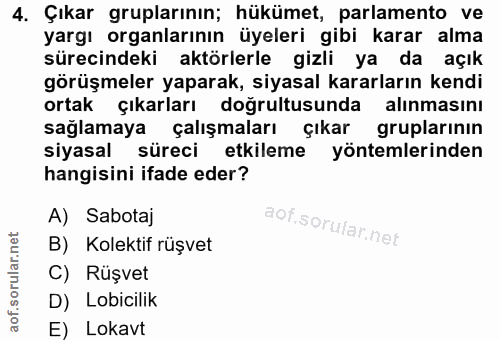 4. soru: Çıkar gruplarının; hükümet, parlamento ve yargı organlarının üyeleri gibi karar alma sürecindeki aktörlerle gizli ya…