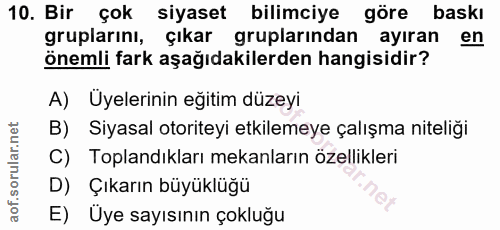 10. soru: Bir çok siyaset bilimciye göre baskı gruplarını, çıkar gruplarından ayıran en önemli fark aşağıdakilerden hangisidir?…