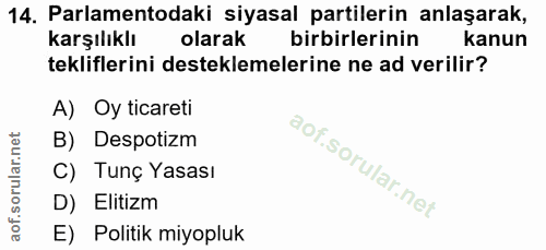 14. soru: Parlamentodaki siyasal partilerin anlaşarak, karşılıklı olarak birbirlerinin kanun tekliflerini desteklemelerine ne a…