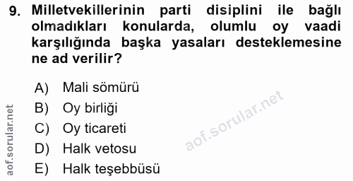 9. soru: Milletvekillerinin parti disiplini ile bağlı olmadıkları konularda, olumlu oy vaadi karşılığında başka yasaları deste…