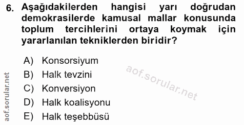 6. soru: Aşağıdakilerden hangisi yarı doğrudan demokrasilerde kamusal mallar konusunda toplum tercihlerini ortaya koymak için…