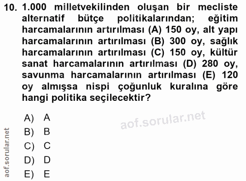 10. soru: 1.000 milletvekilinden oluşan bir mecliste alternatif bütçe politikalarından; eğitim harcamalarının artırılması (A) 1…