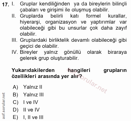 17. soru: I. Gruplar kendiliğinden ya da bireylerin bilinçli çabaları ve girişimi ile oluşmuş olabilir. II. Gruplarda belirli k…
