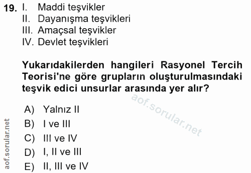 19. soru: 1. Maddi teşvikler Il. Dayanışma teşvikleri III. Amaçsal teşvikler IV. Devlet teşvikleri Yukarıdakilerden hangileri R…