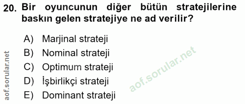 20. soru: Bir oyuncunun diğer bütün stratejilerine baskın gelen stratejiye ne ad verilir? A) Marjinal strateji B) Nominal strat…