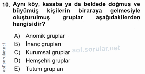 10. soru: Aynı köy, kasaba ya da beldede doğmuş ve büyümüş kişilerin biraraya gelmesiyle oluşturulmuş gruplar aşağıdakilerden h…