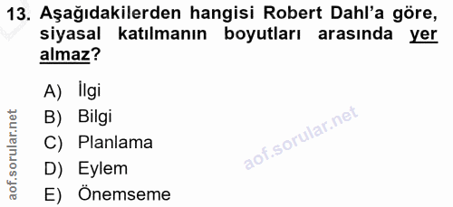 13. soru: Aşağıdakilerden hangisi Robert Dahl'a göre, siyasal katılmanın boyutları arasında yer almaz? A) lIgi B) Bilgi C) Plan…