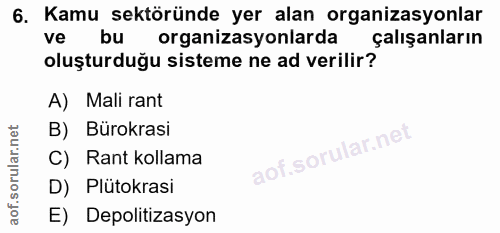 6. soru: Kamu sektöründe yer alan organizasyonlar ve bu organizasyonlarda çalışanların oluşturduğu sisteme ne ad verilir? A) M…