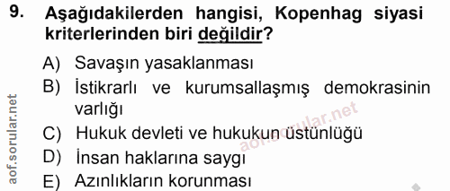 9. soru: Aşağıdakilerden hangisi, Kopenhag siyasi kriterlerinden biri değildir? A) Savaşın yasaklanması B) İstikrarlı ve kurum…
