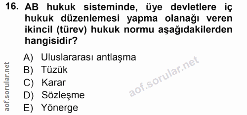 16. soru: AB hukuk sisteminde, üye devletlere iç hukuk düzenlemesi yapma olanağı veren ikincil (türev) hukuk normu aşağıdakiler…