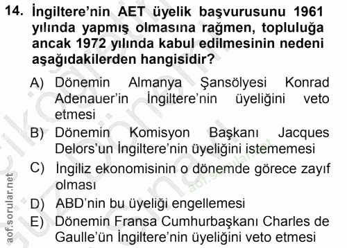 14. soru: İngiltere'nin AET üyelik başvurusunu 1961 yılında yapmış olmasına rağmen, topluluğa ancak 1972 yılında kabul edilmesi…