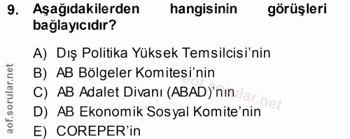 9. soru: Aşağıdakilerden hangisinin görüşleri bağlayıcıdır? A) Dış Politika Yüksek Temsilcisi'nin B) AB Bölgeler Komitesi'nin…
