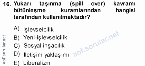 16. soru: Yukarı taşınma (spill over) kavramı bütünleşme kuramlarından hangisi tarafından kullanılmaktadır? A) İşlevselcilik B)…